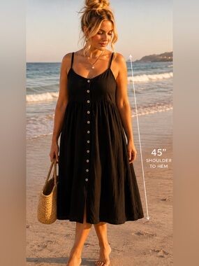 Title: In The Style Black Linen-Cotton Button-Front Midi Sundress — Size 18
